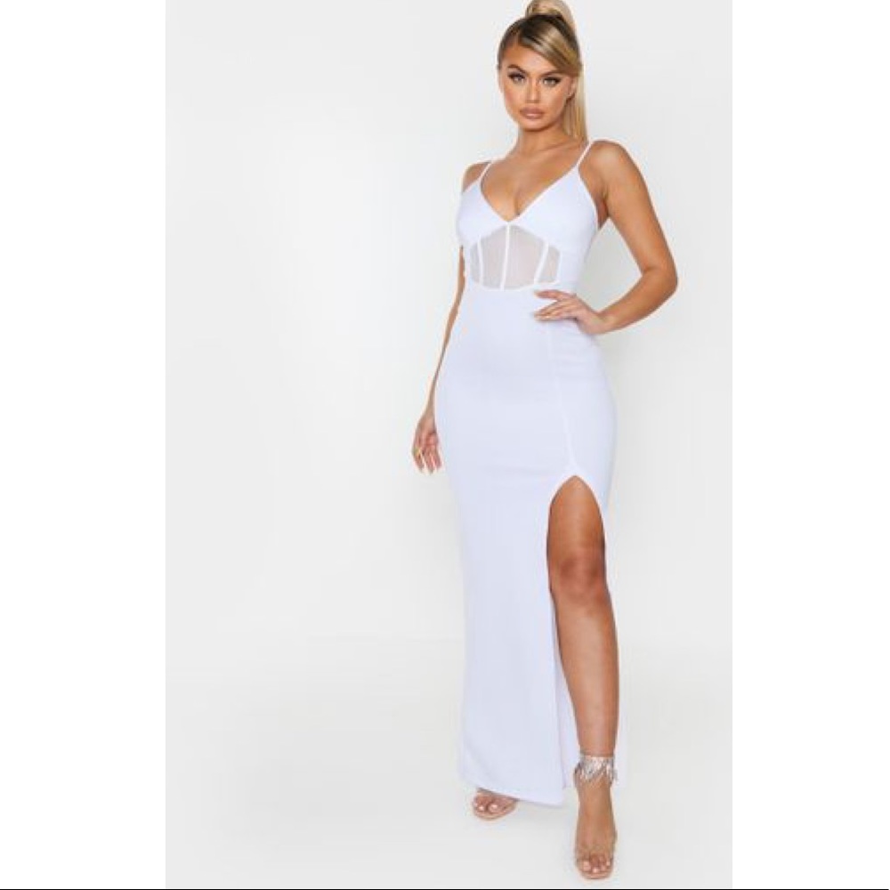 White Mesh Insert Split Detail Maxi Dress